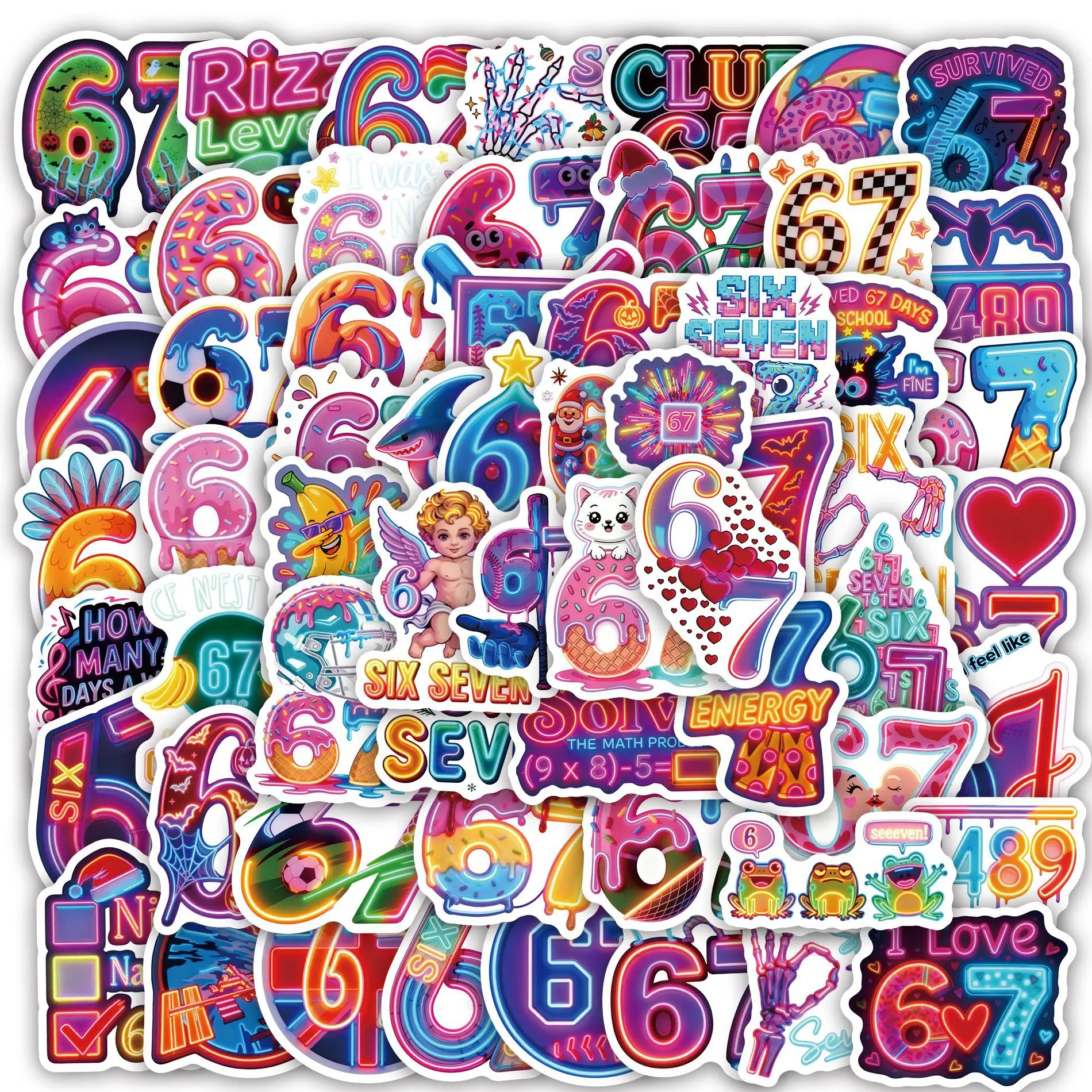 60Pcs Colourful 67 Six Seven Stickers 67  Decals For Phone Laptop Notebook Suitcase Skateboard DIY Cartoon Aesthetic Stickers