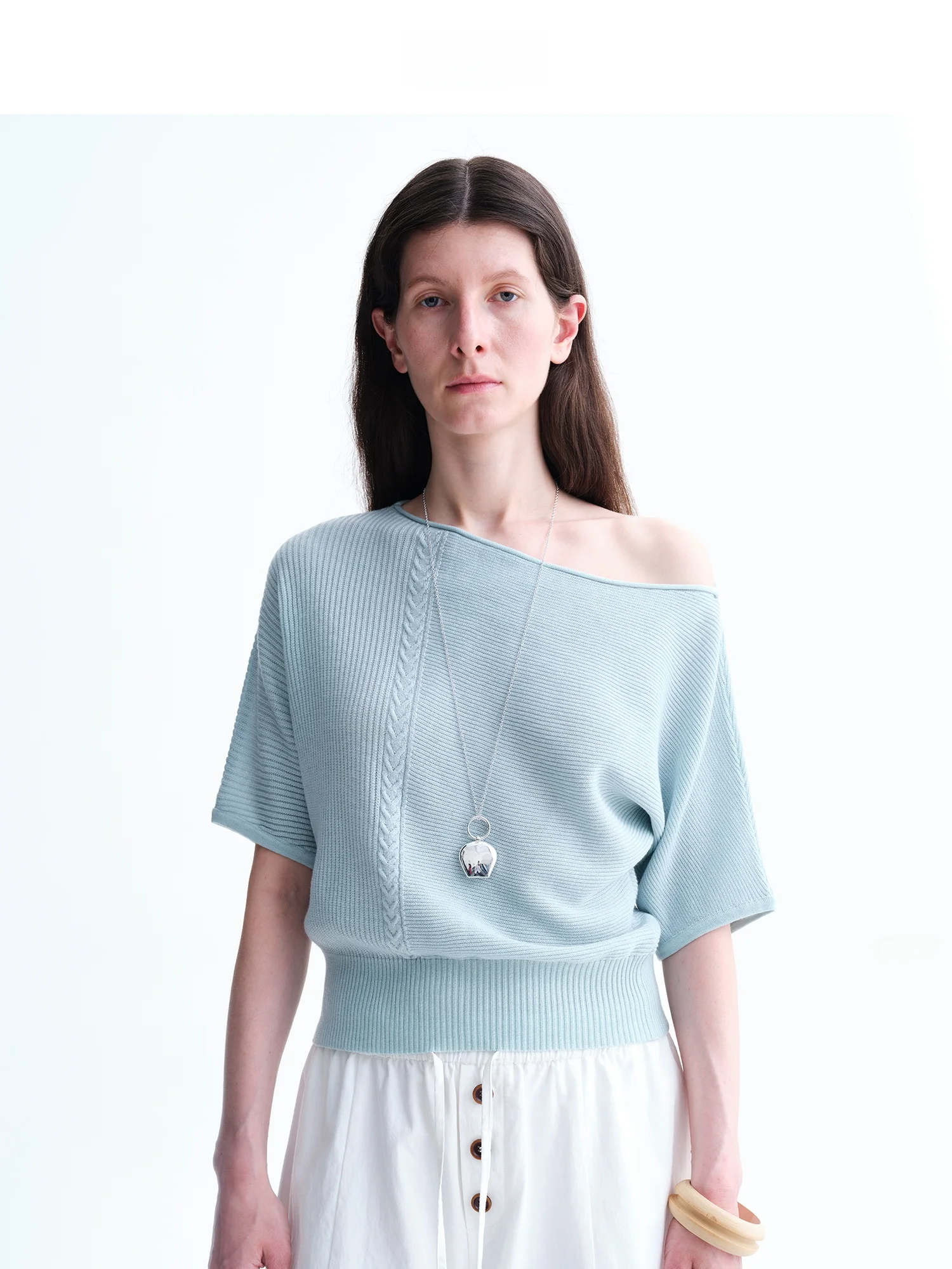Ultrafine Merino Wool Blend Knitted Irregular Shoulder Ladies Top Soft Comfortable Moisture Wicking Cool Feeling Skin Friendly