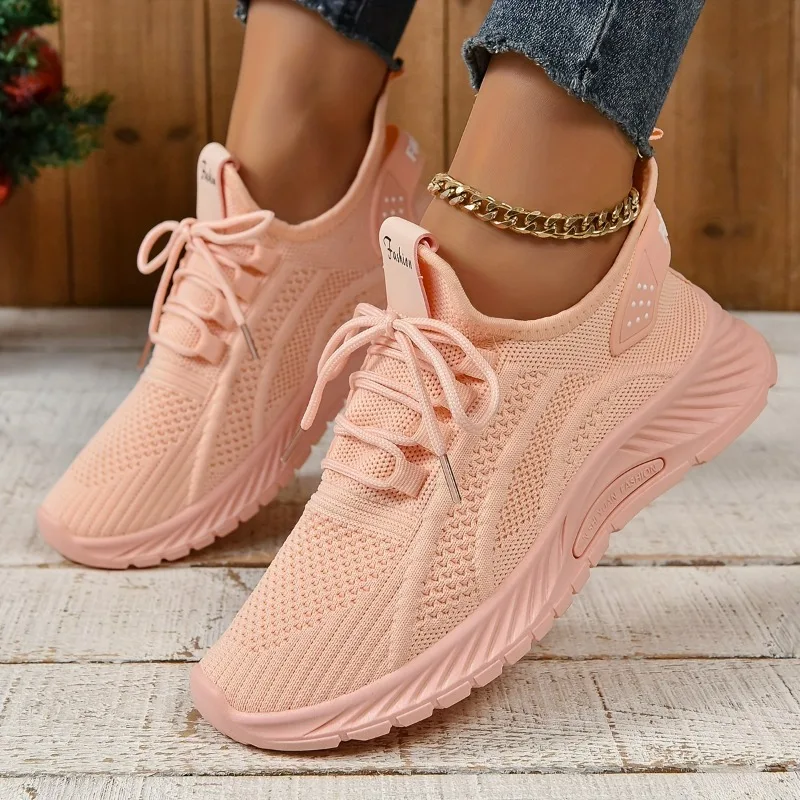 Ladies knitted sports shoes lightweight lace-up low-cut running and tennis sports shoes breathable holiday fitness sports shoes.