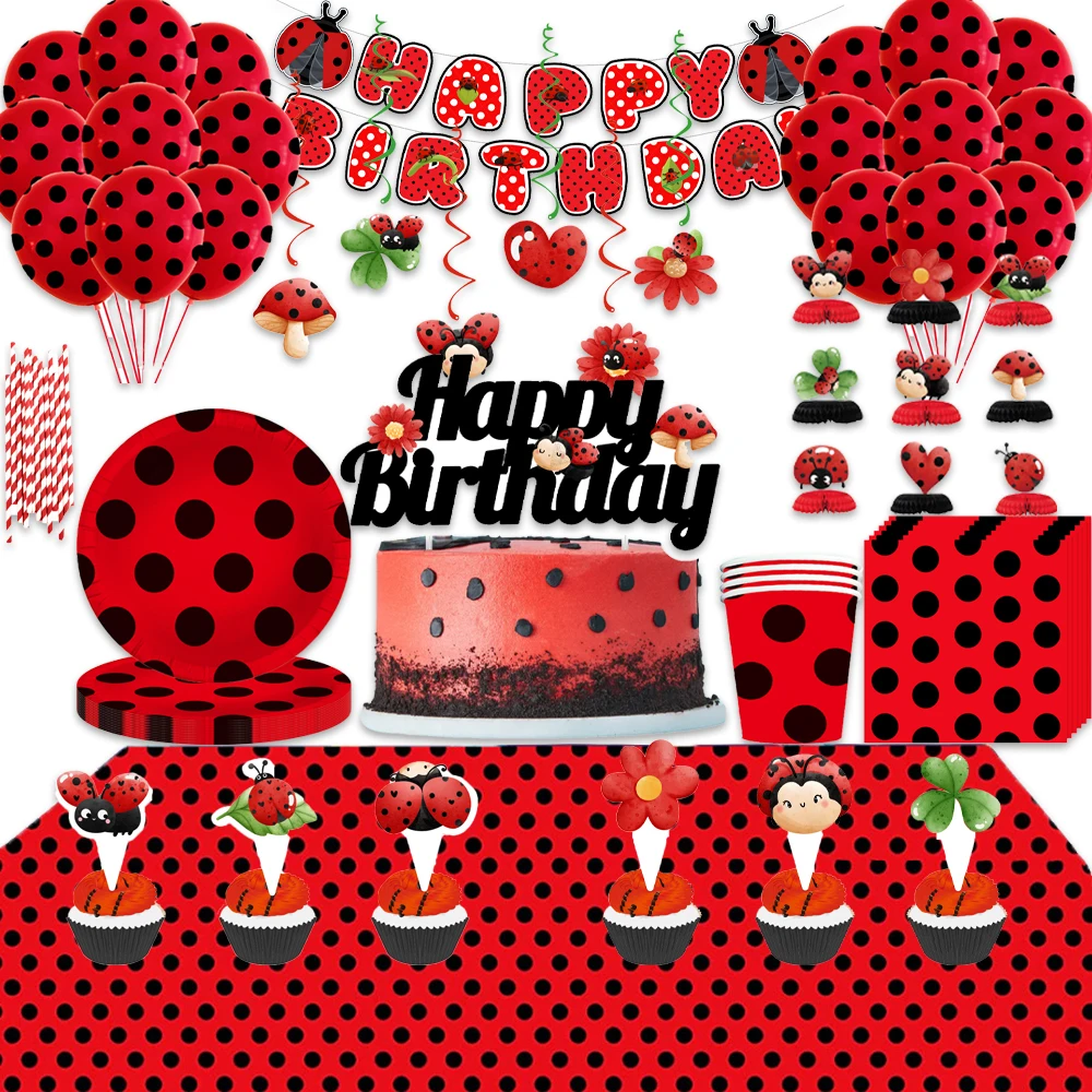 Ladybug Birthday Party Decoration Disposable Tableware Set Girl Favor Red Black Polka Dot Paper Plates Cup Pinatas Tablecloth