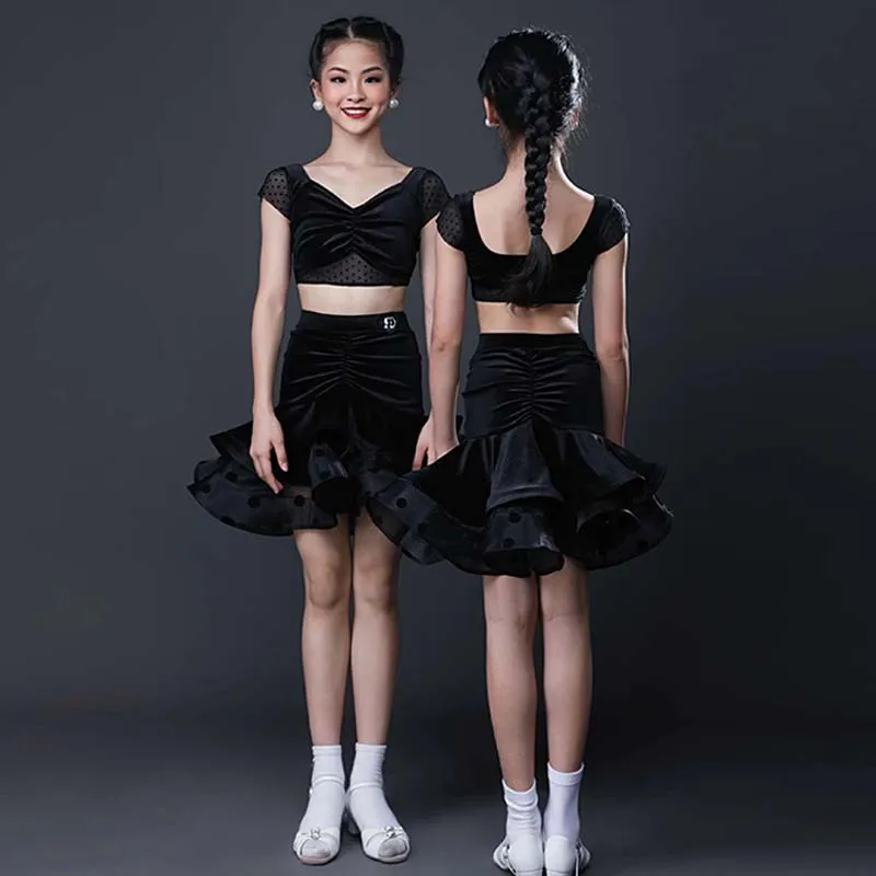 

Summer Black Latin Costume Girls Dancing V-Neck Crop Top Ruffled Skirt Rumba Samba Performance Practice Wear Dancewear AMY604