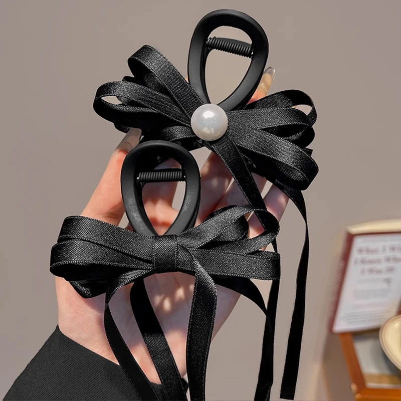 Big Velvet Bow Fashion Elegant Women Black Bowknot Hair Claw Hair Clips Vintage Long Satin Hairpins Korean Hair Accessories