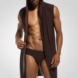 Men Summer Bathrobe Silky Hooded Sleeveless Bathrobe Soft Fabric Pajamas Home Loose Fitting Clothes