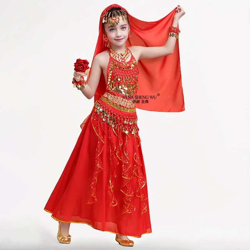 Bollywood Oosterse Buikdanskostuums Set voor Meisjes Kinderen 2/6 stks Sari Indiase Jurk Professionele Danspraktijkkleding