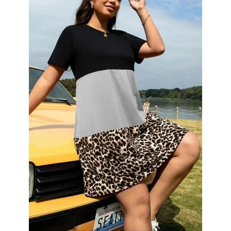 Plus size 1xl-5xl novo vestido casual feminino verão em torno do pescoço de manga curta padrão de leopardo impressão solta vestidos simples