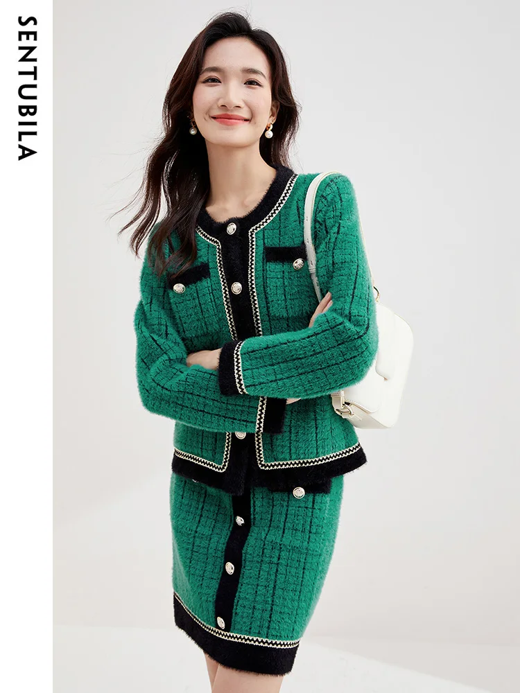 SENTUBILA Spring Fashion Tweed Sets O-neck Long Sleeve Jacket A-line Mini Skirt 2024 Elegant Contrast Matching Set W33Z52045