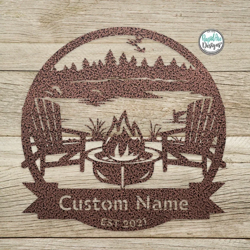 Campsite Monogram LAKE SCENE Personalized Last Name Address Lake House Custom Metal Sign Campfire Decor