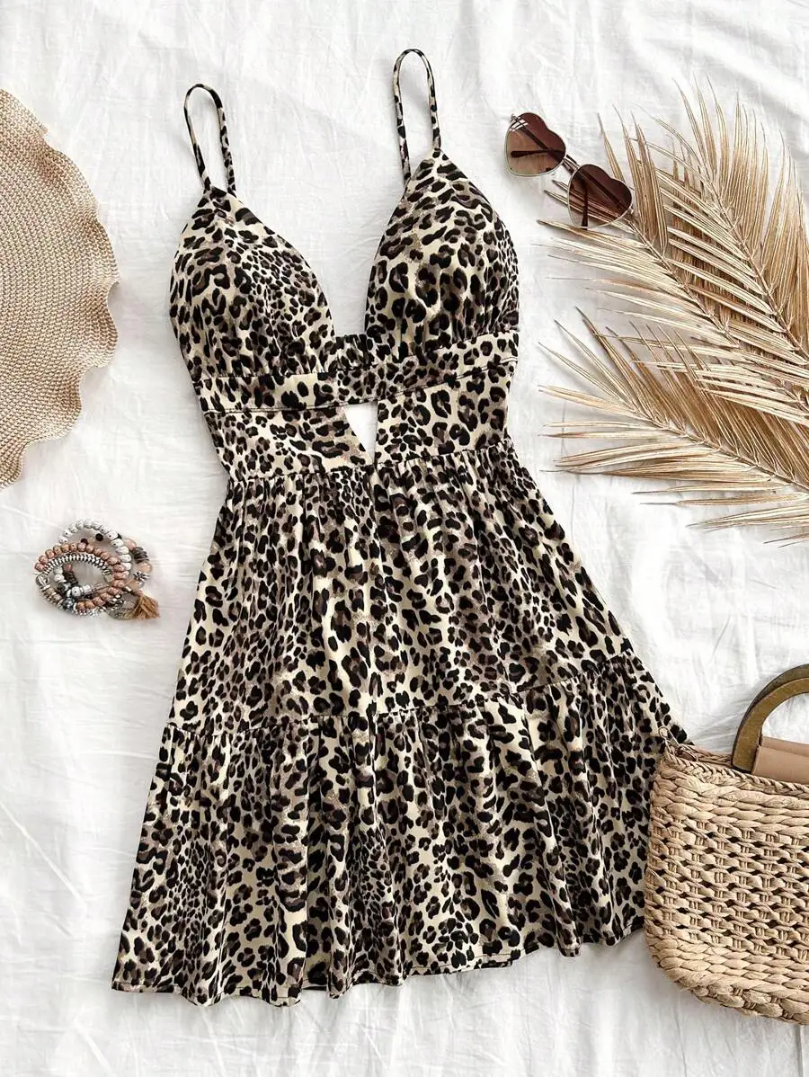 

Leopard Print Spaghetti Strap Mini Dress with Hollow Out Detail