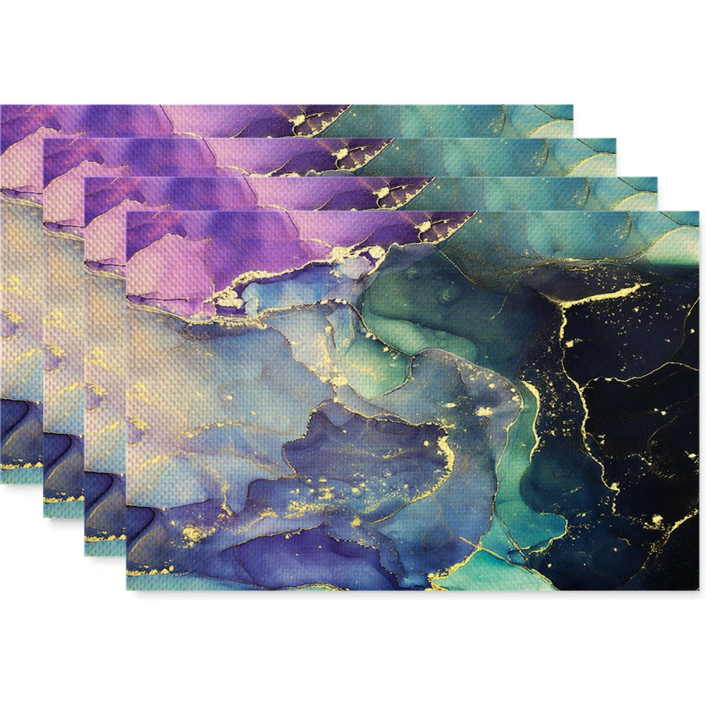 Purple Teal Gold Alcohol Ink Marble Linen Placemats Non Slip Heat Resistant Mats For Modern Glam Formal Dining Decor