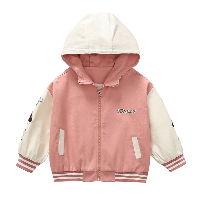 2024 New Spring Autumn Teens Clothes For Teenage Girls Sports Outerwear Coats Cute Bear Hooded Zipper Kids Baseball Jacket 4-14Y