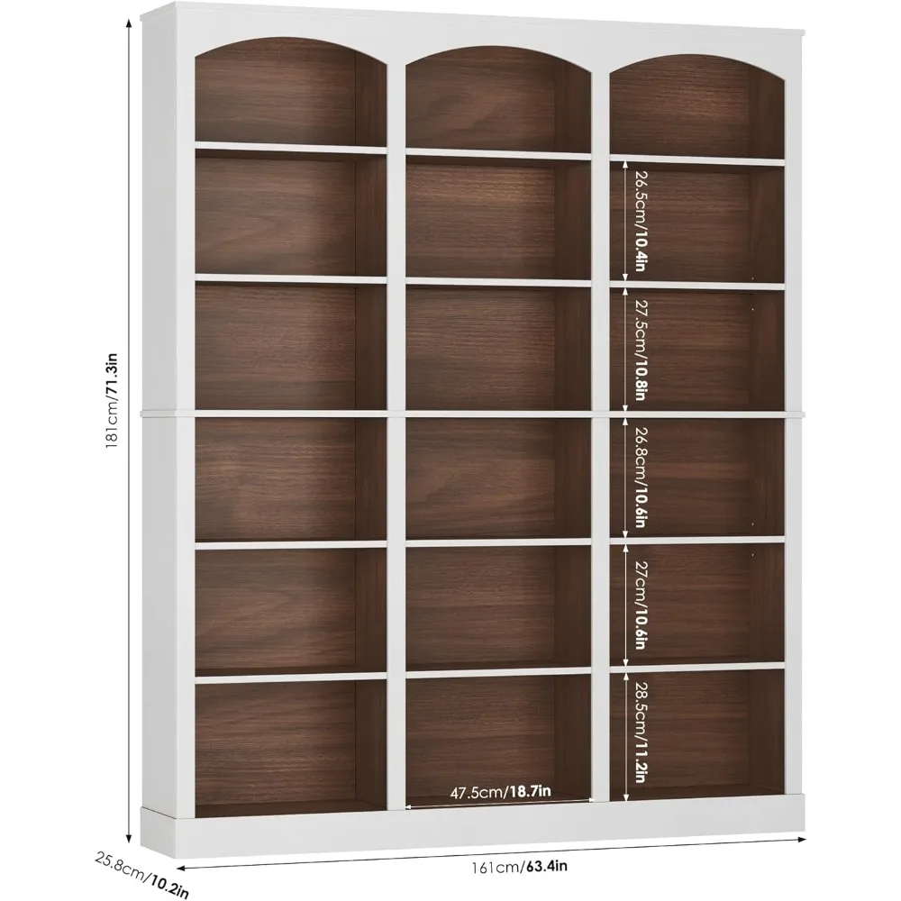 Estante tripla larga de 71", estante alta de 6 camadas, estante grande com defletor curvo, prateleira para livros de 63,4" de largura com 18 expositores abertos