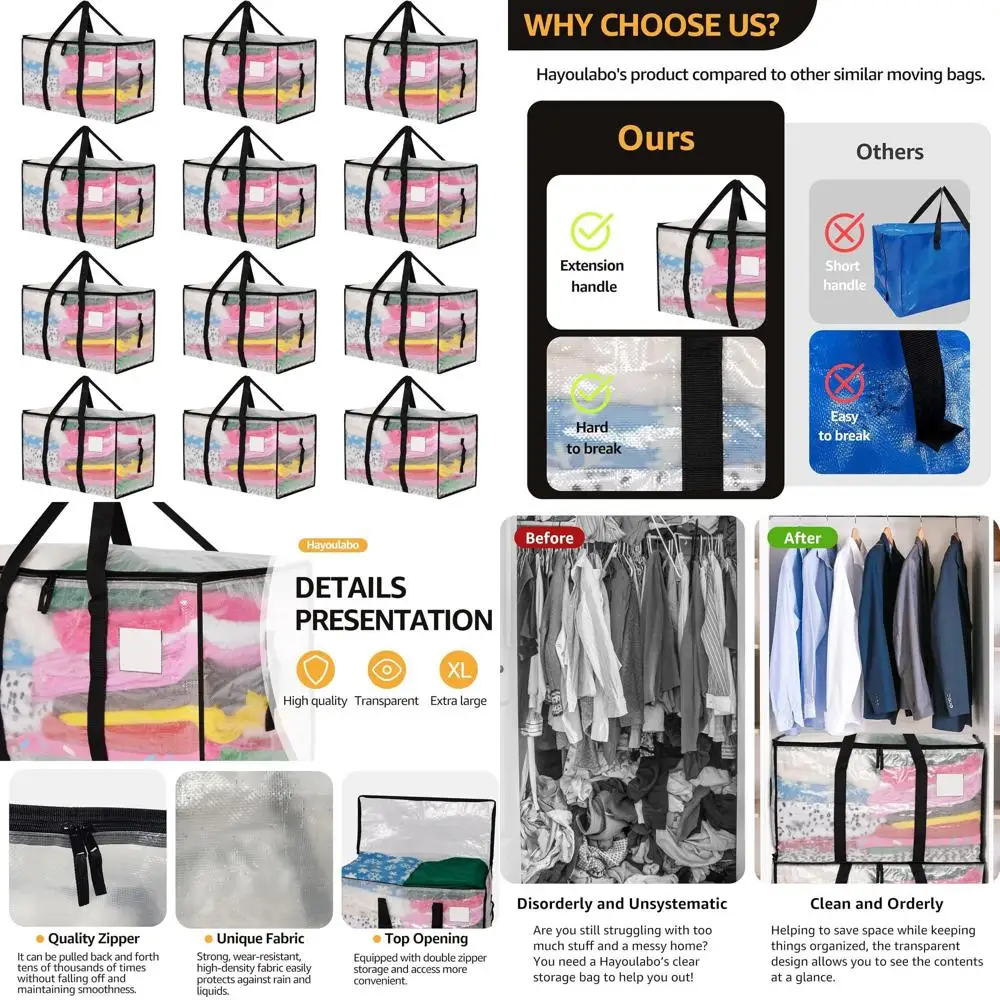 

Прочные сверхбольшие сумки для переезда, прозрачные контейнеры для хранения с крышками и ручками, набор из 12 пластиковых упаковочных сумок для одежды и других вещей.