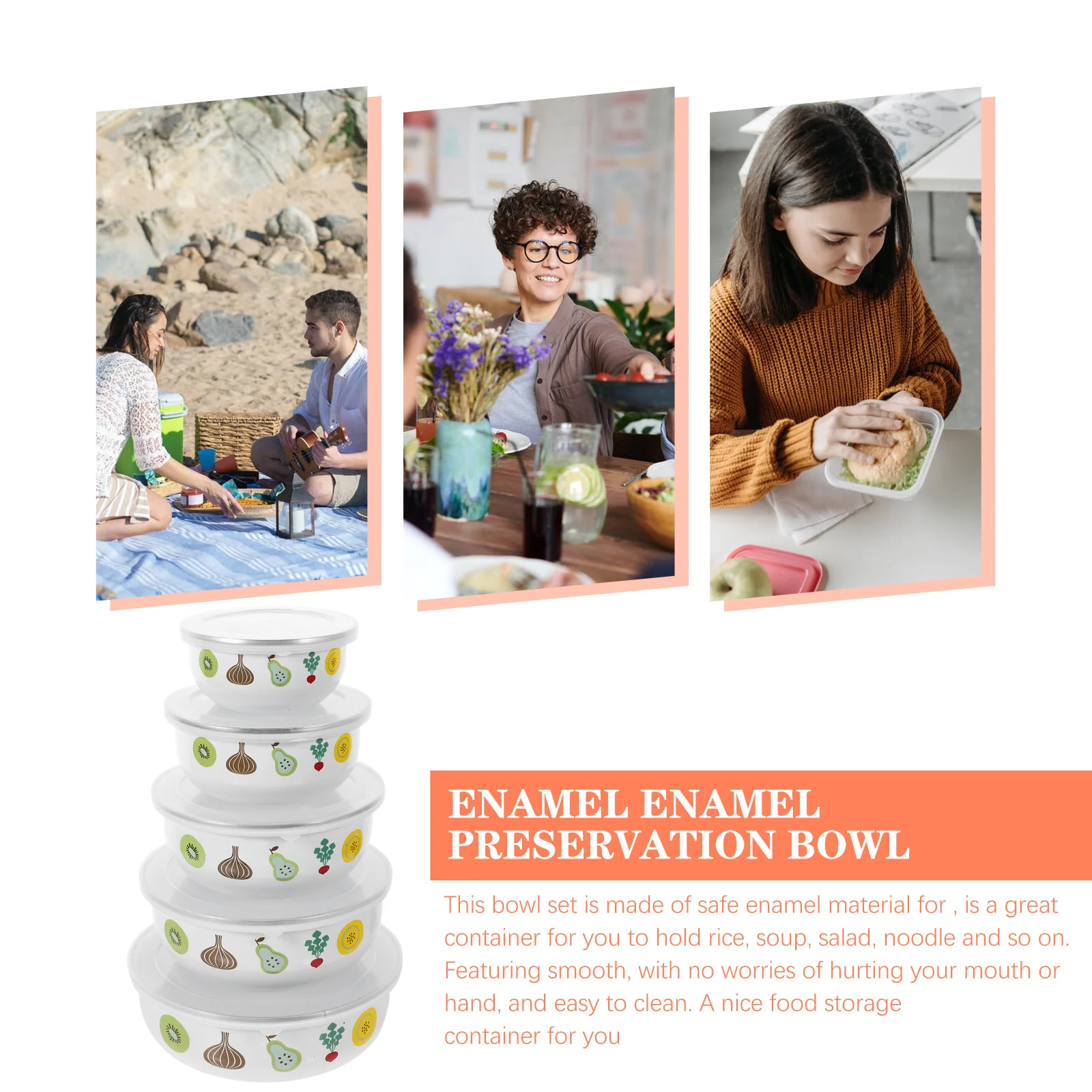 

5pcs Fresh-Keeping Bowl Set Enamel Salad Bowl Lightweight Sealing Food Container For Home Camping Picnic Soup Noodle Fruit