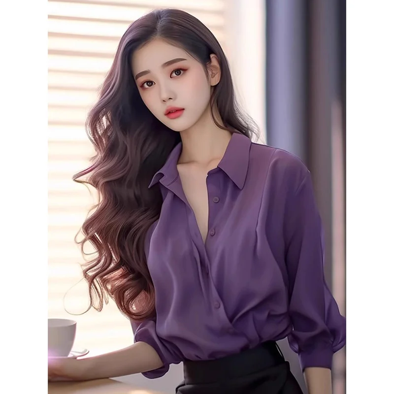 

Женский фиолетовый повседневный шелковый крой свободного покроя, восьмилетний дизайн, брендовая этикетка, удаленная многофункциональная