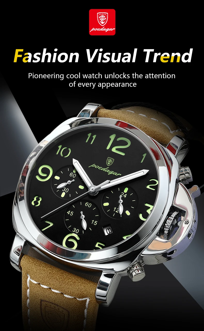 POEDAGAR Mode Luxus Männer Armbanduhr Wasserdicht Leucht Chronograph Datum Mann Uhr Einzigartige Sport Leder Quarz herren Uhren – Detail 2