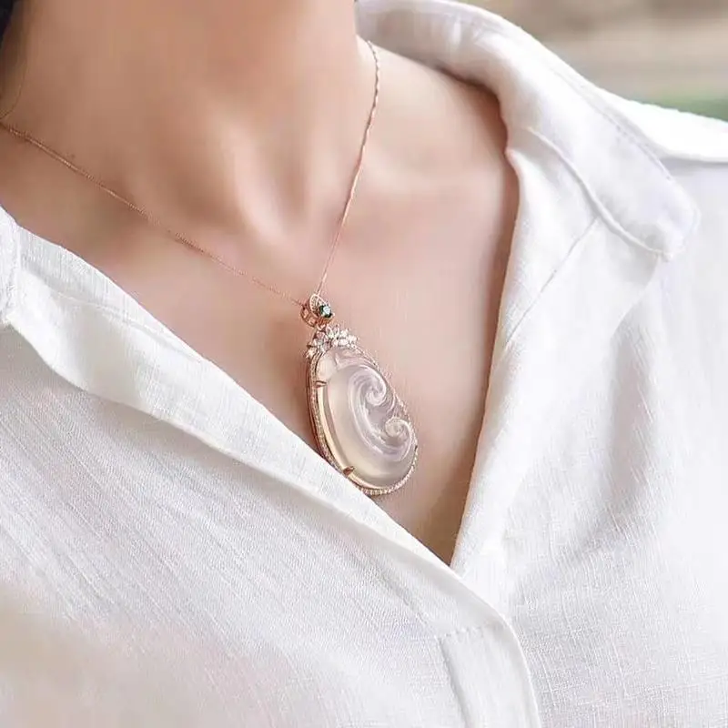 Inlaid Perfect Jade Chain Natural Chalcedony Agate Pendant Exquisite Jewelry Accessories Round Bead Necklace Holiday Gift