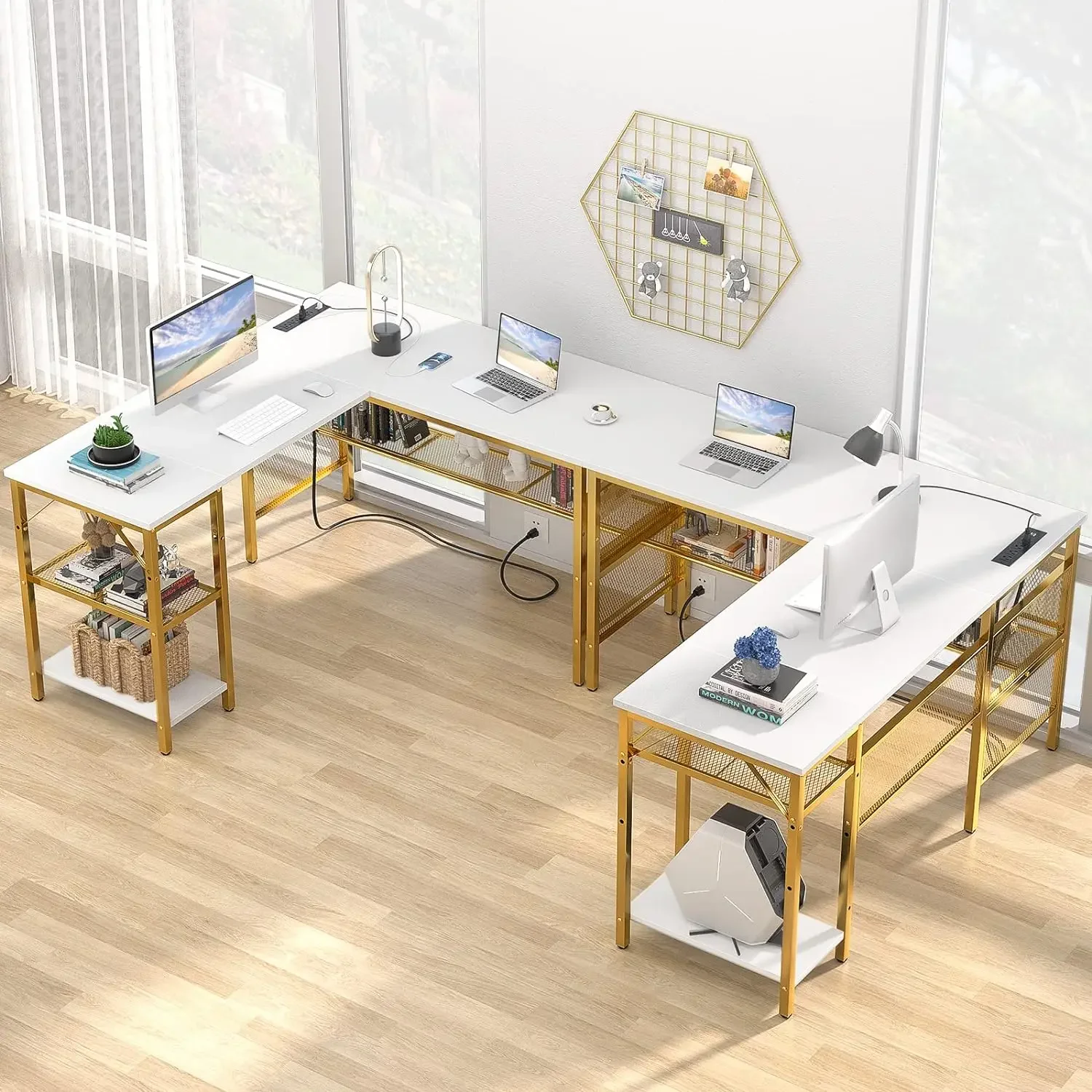 Unikito L Shaped Desk with Power Outlets and USB Charging Ports, Reversible L-Shaped Corner Desks with Storage Shelves, Unique G