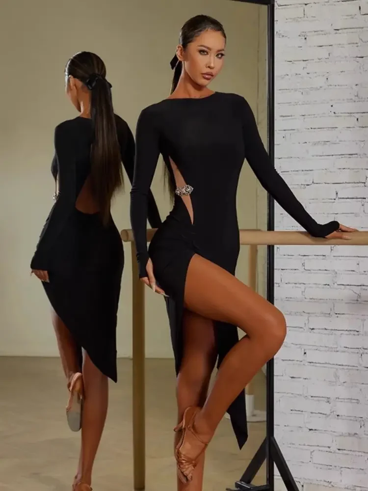 

New Latin Dance Dress Long Sleeves Comfortable Practice and Training Wear With Rhinestones Metal Button Noana's Dress