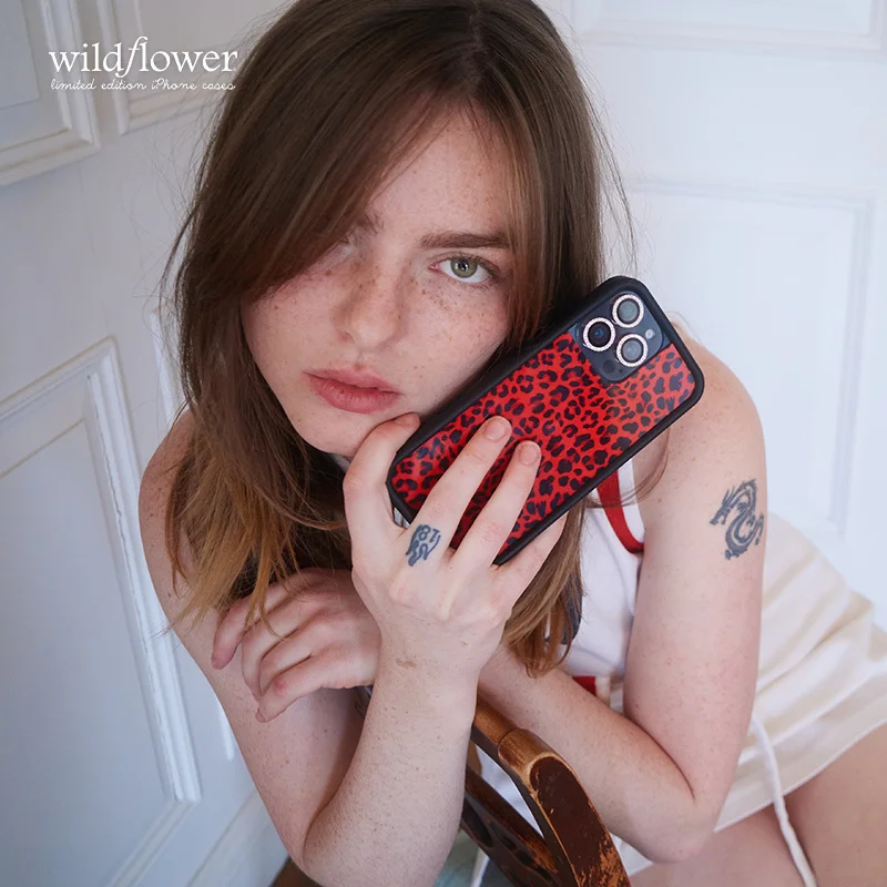 Wildflower ins Girls Red Meow Phone Case for iPhone 12 13 14 15 16 Pro Max Plus leopard print wf lovers Cute Cartoon Back Cover