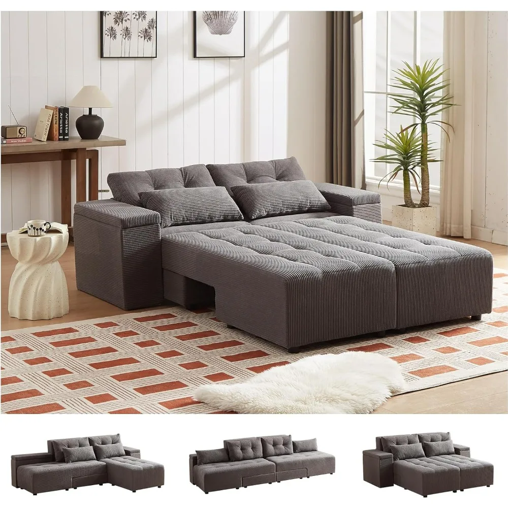 

Convertible Sleeper Sofa Bed, 4 in 1 Modular Sectional Sofa with Storage, Corduroy 4 Seater Couch, Double Chaise Lounge Chair