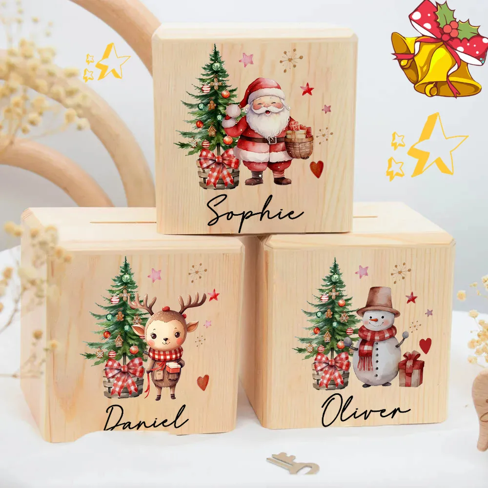 Personalized Money Box Santa Deer Snowman with Name Kids Money Boxes Coin Collection Box Wood Coin Bank Christmas Gift for Child