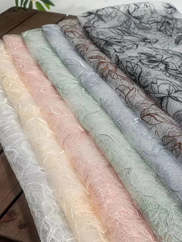 Multicolor Series New Mesh Line Peony Embroidery Eyelash Lace Embroidery Lace Fabric DIY Wedding Dress Fashion Design Fabric
