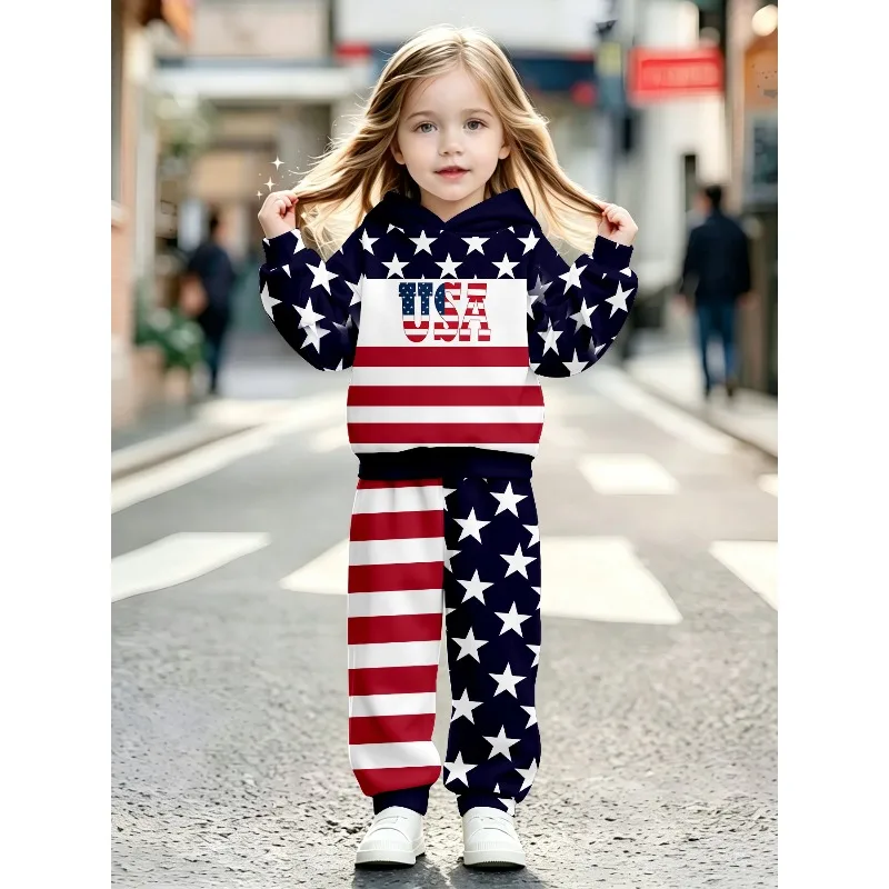2-teiliger Jogginganzug mit Kapuze für Kleinkinder, Jungen und Mädchen, Spinnennetz-USA-Stern-Streifen-Print, lässiges Alltags-Outfit für Kinder – Detail 5