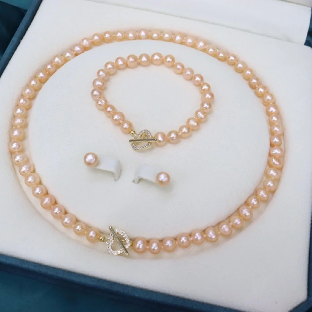 

Elegant Pearl Necklace AAA 8-9mm Natural Round South Sea Pink Pearl Necklace 18inch+Bracelet 7.5-8inch Earring Set 925s