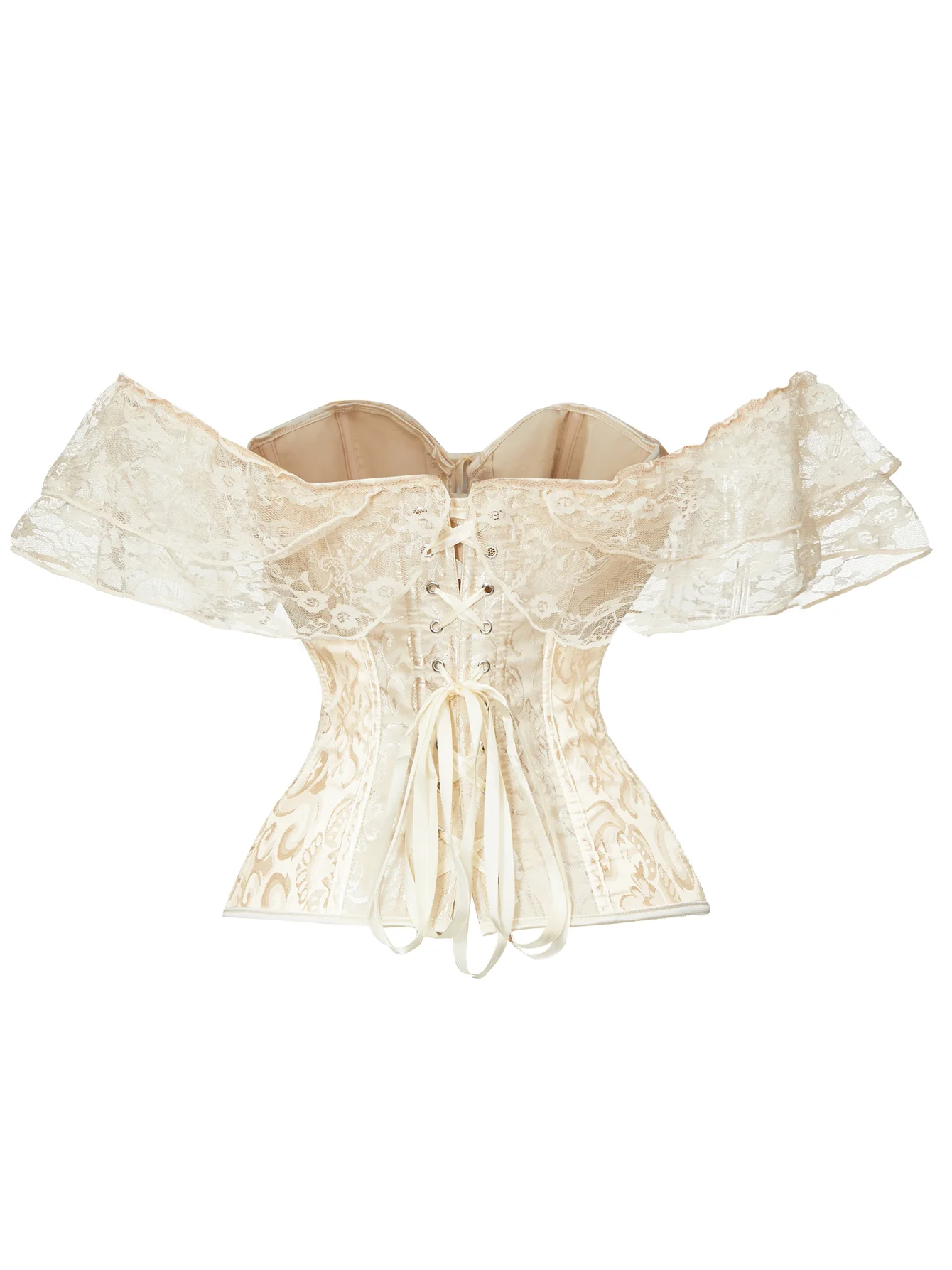 Floral Jacquard Off Shoulder Lace Flutter Sleeve Corset Front Button Back Lace Up Structured Design Bustier for Ladies