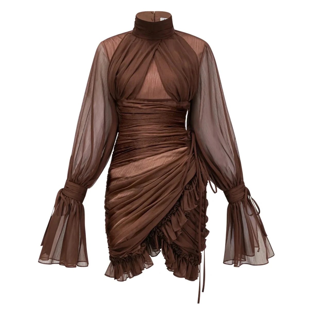 Bjtz 2026 primavera verão novo feminino marrom gola alta em camadas plissado vestido de babados primavera verão casual praia festa elegante