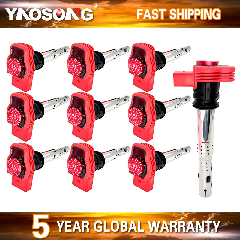 10PCS HIGH PERFORMANCE RED IGNITION COIL UF529 06E905115 FOR LAMBORGHINI GALLARDO Huracan AUDI S8 R8 5.0 5.2 V10