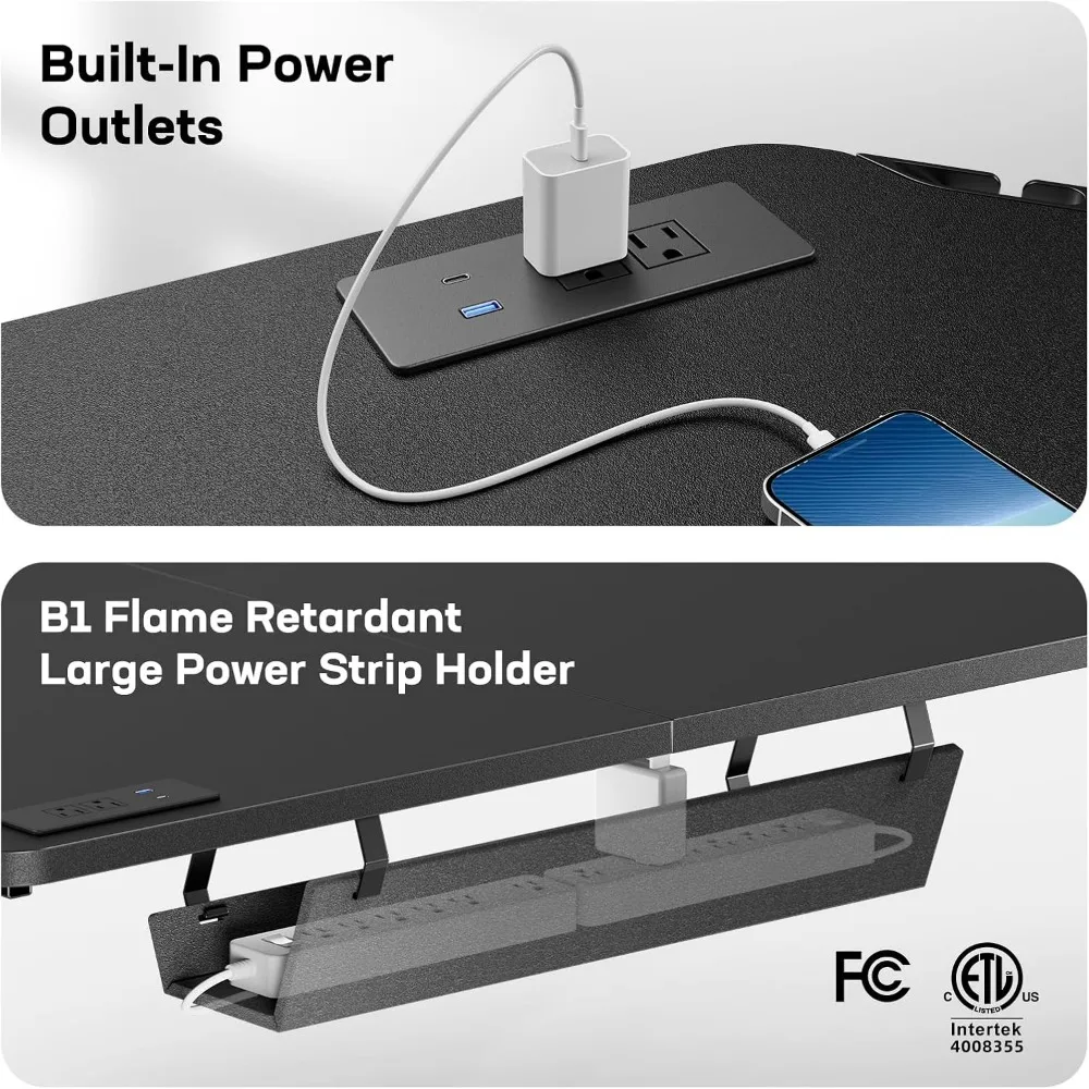 デュアルモータースタンド,L字型デスク,調整可能なコーナーコンピューター,電源タップホルダー,内蔵電源コンセント,電気高さ63インチ