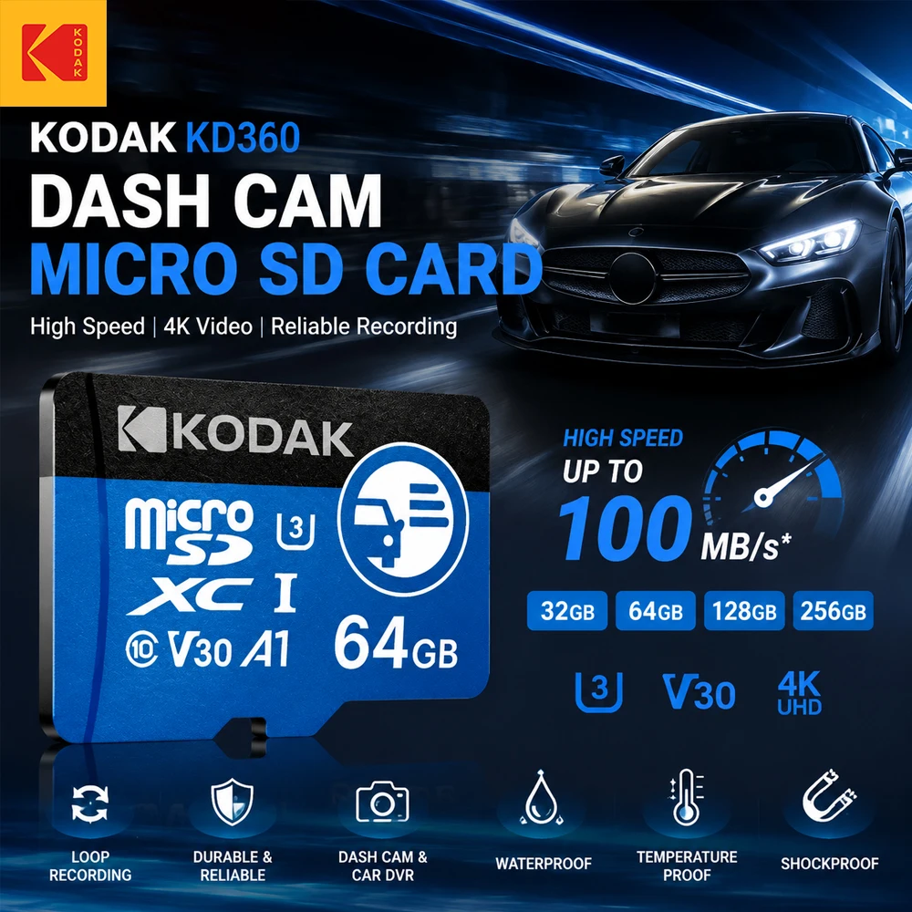 KODAK KD360 Micro-SD-Karte 32GB 64GB 128GB 256GB UHS-I Hochgeschwindigkeits-TF-Karte Klasse 10 4K Video für Dashcam Auto-DVR-Kamera