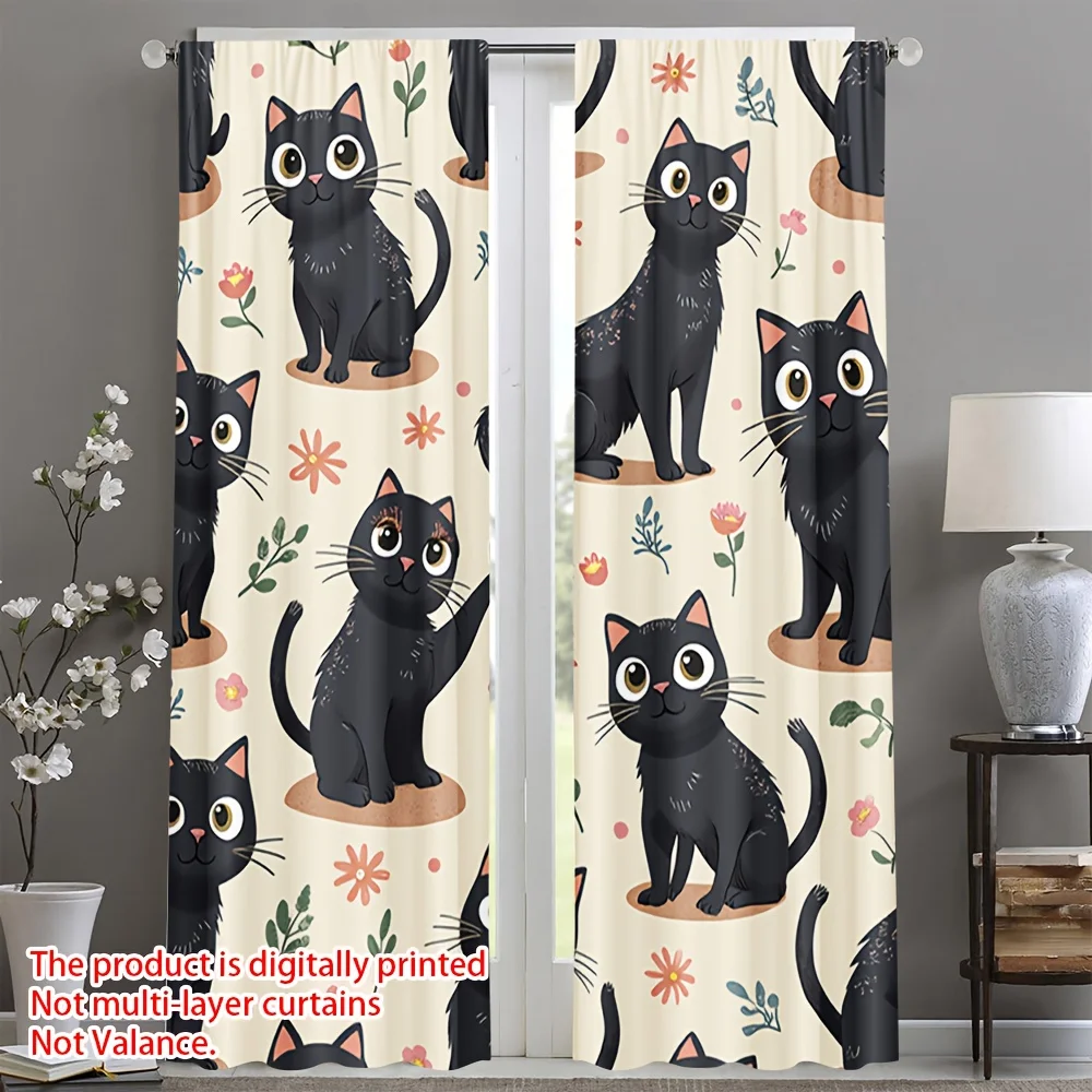 Cartoon black cat with floral pattern Print Drapes Room Darkening Window Curtains for Home Decor,Rod Pocket Blackout Curtains