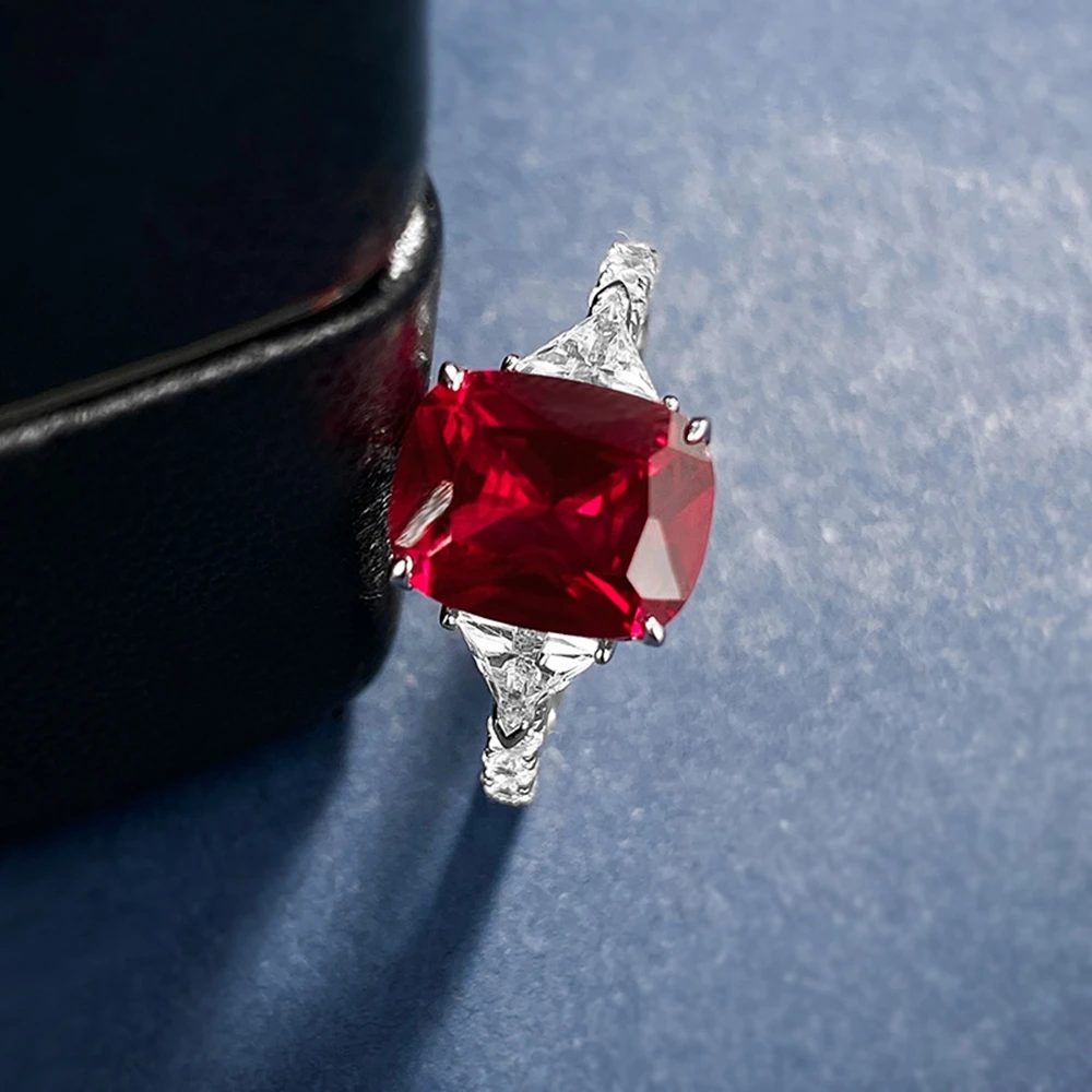 Vinregem 8*10 MM Ruby High Carbon Diamond Gemstone Vintage 100% 925 Sterling Silver Ring for Women Wedding Engagement Jewelry