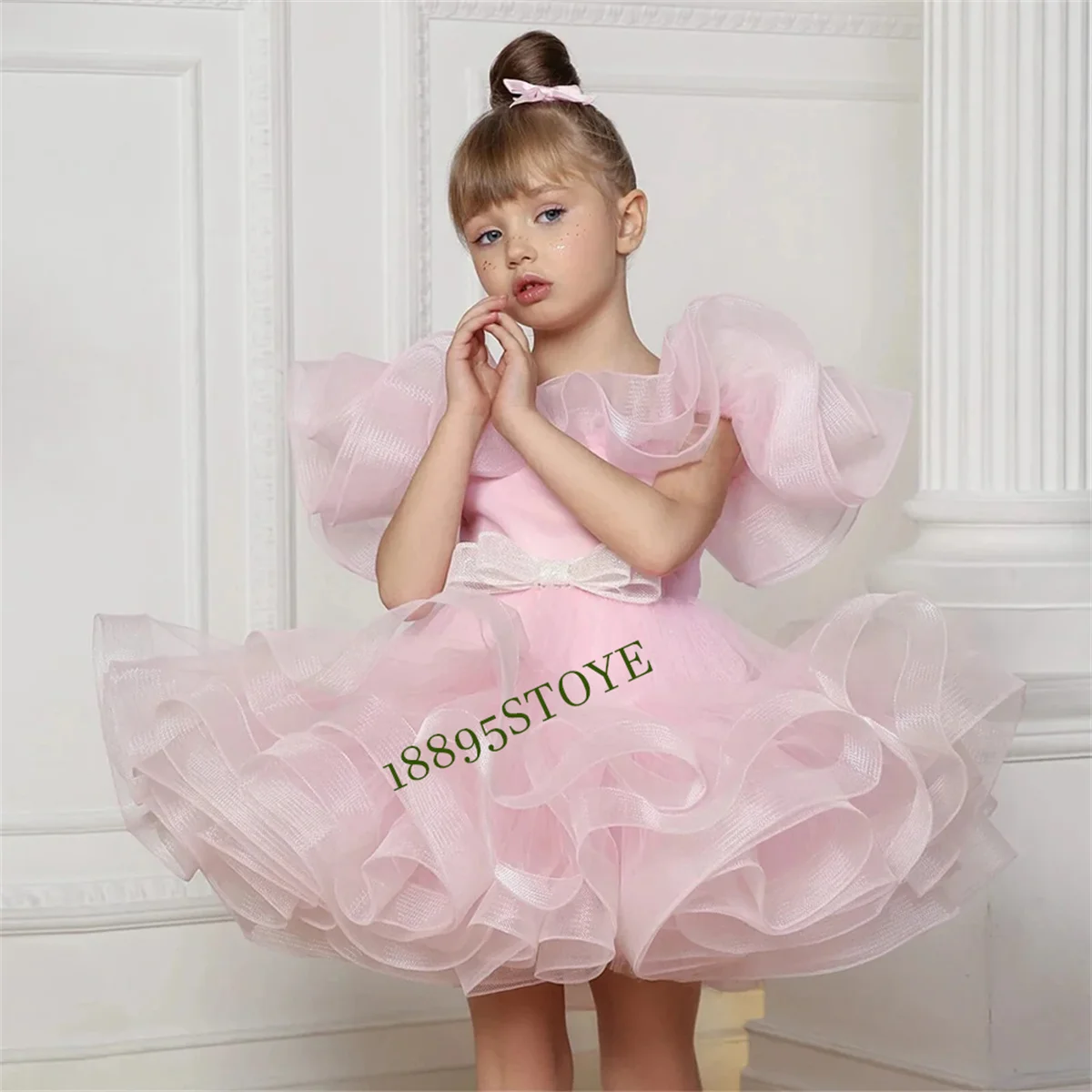 

Lovely Pink Flower Girl Dress Custom Color Ruffles Tulle Puffy Short Pageant Party Dresses Kids Birthday First Communion Gown