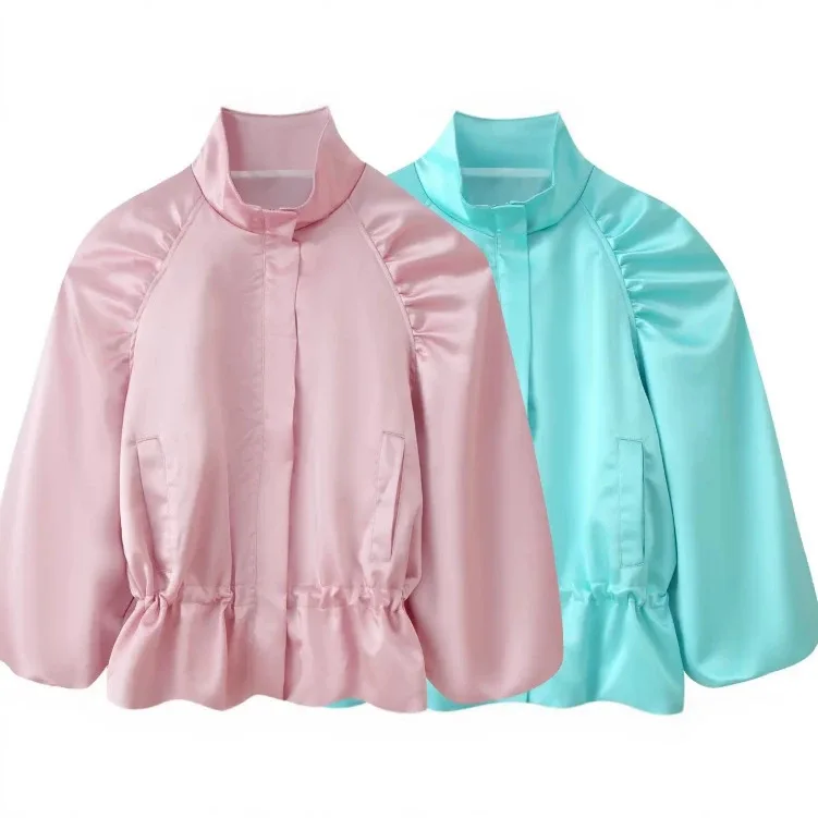 Classy Solid Color Ruched Short Jacket Stand Collar Long Sleeve Pockets Loose Fit French Casual Daily Autumn Lady Outerwear Coat