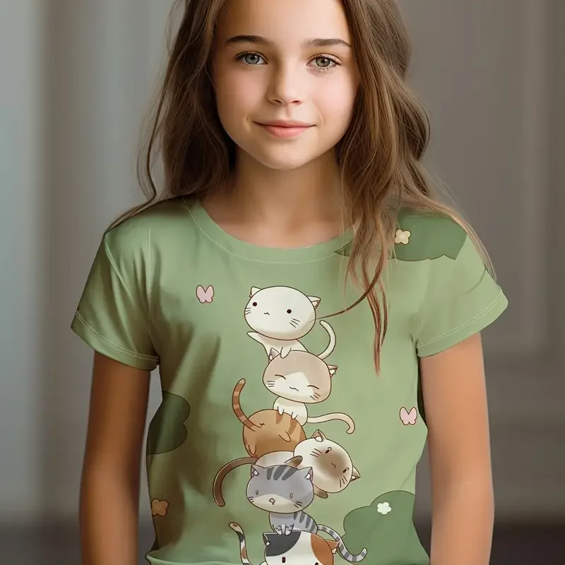 T-shirt de gato dos desenhos animados infantil, blusa de manga curta para menina, roupas kawaii, roupas infantis, verão