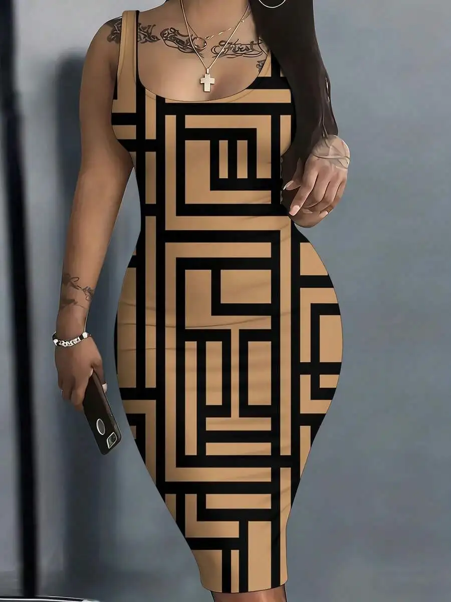 

Geometric Black And Beige 3D Printed Slim Fit Women Dress