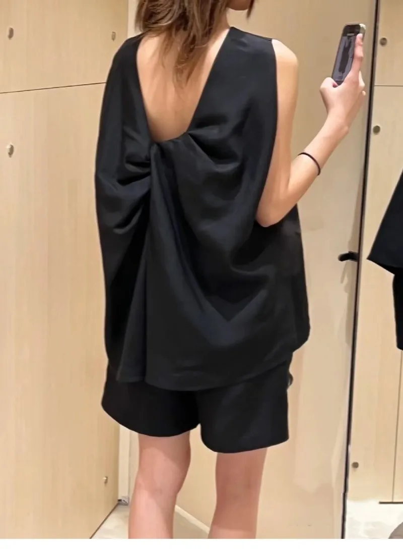 Women Clothes Casual O-neck A-line Sleeveless Blouse Shirts 2024 Summer New Backless Kink Design Top All-match Elegant Blusas