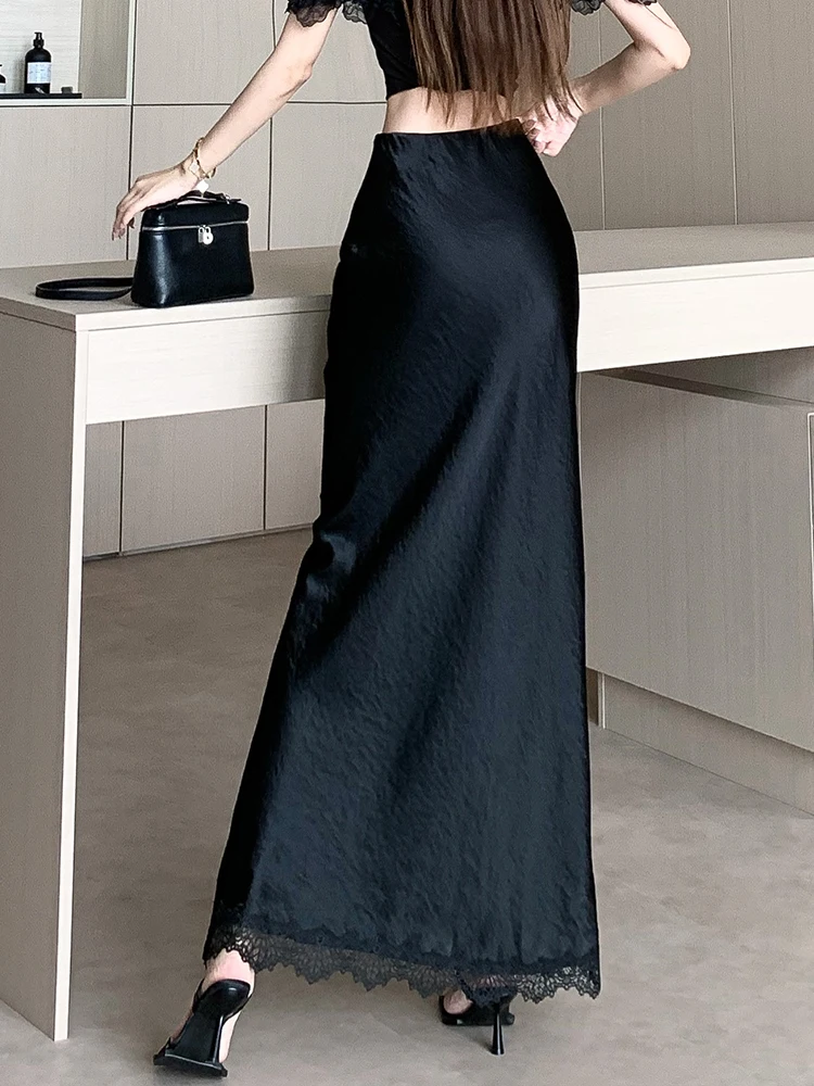Acetic Acid Satin Lace Patchwork Long Skirts for Women Vintage Silky Side Slit A-line Wrapping Skirt Feminino Summer Aesthetical