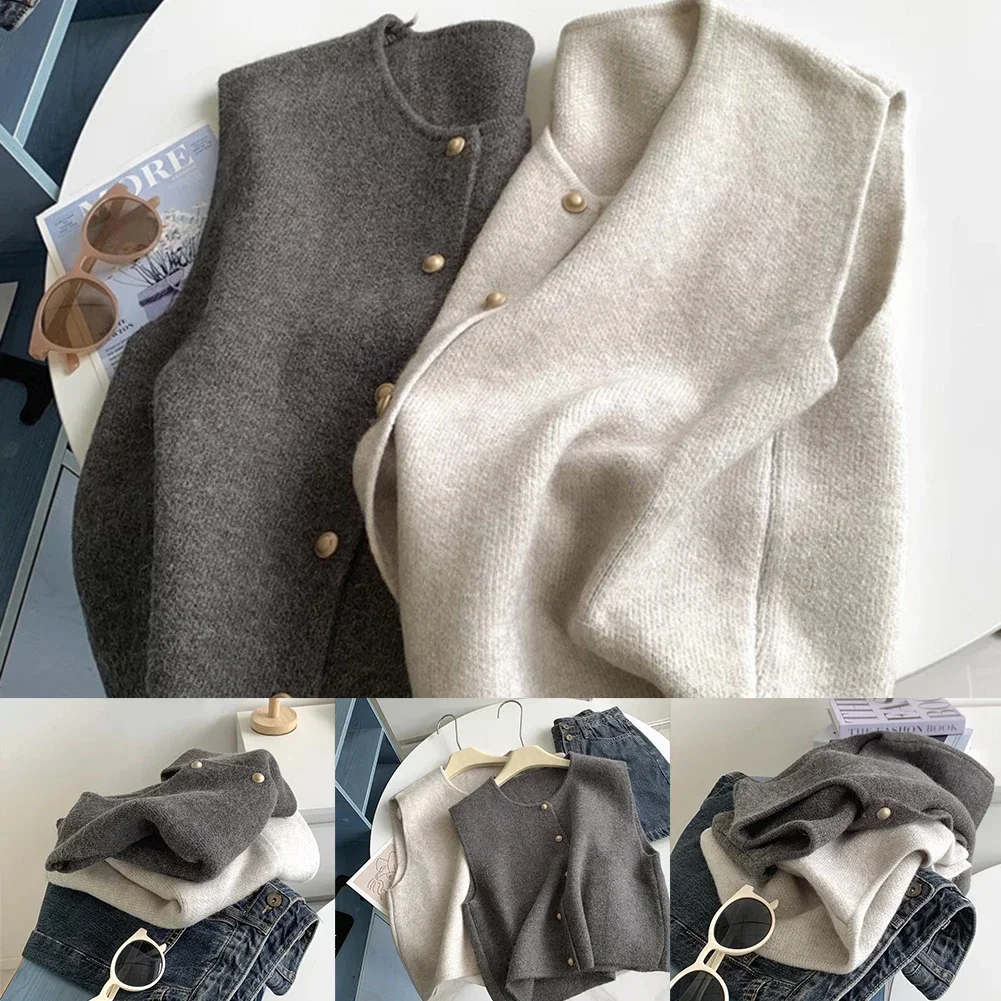 المرأة الصلبة زر الخامس الرقبة سترة بلا أكمام سترة محبوكة سترة سترة أعلى خريف شتاء الكورية السيدات الزي #3