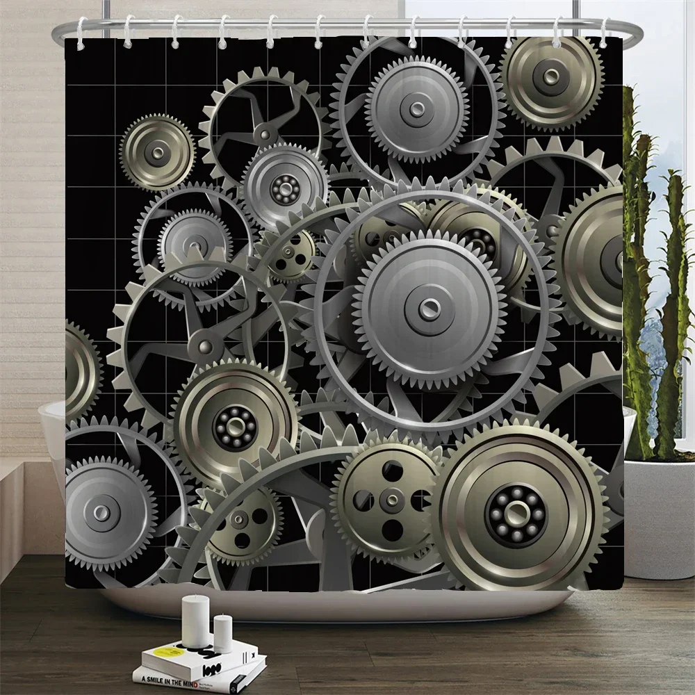 Old Retro Metal Industry Style Shower Curtain Art Individuality Bathroom Decorative Waterproof Fabric Bathtub Screen with Hooks