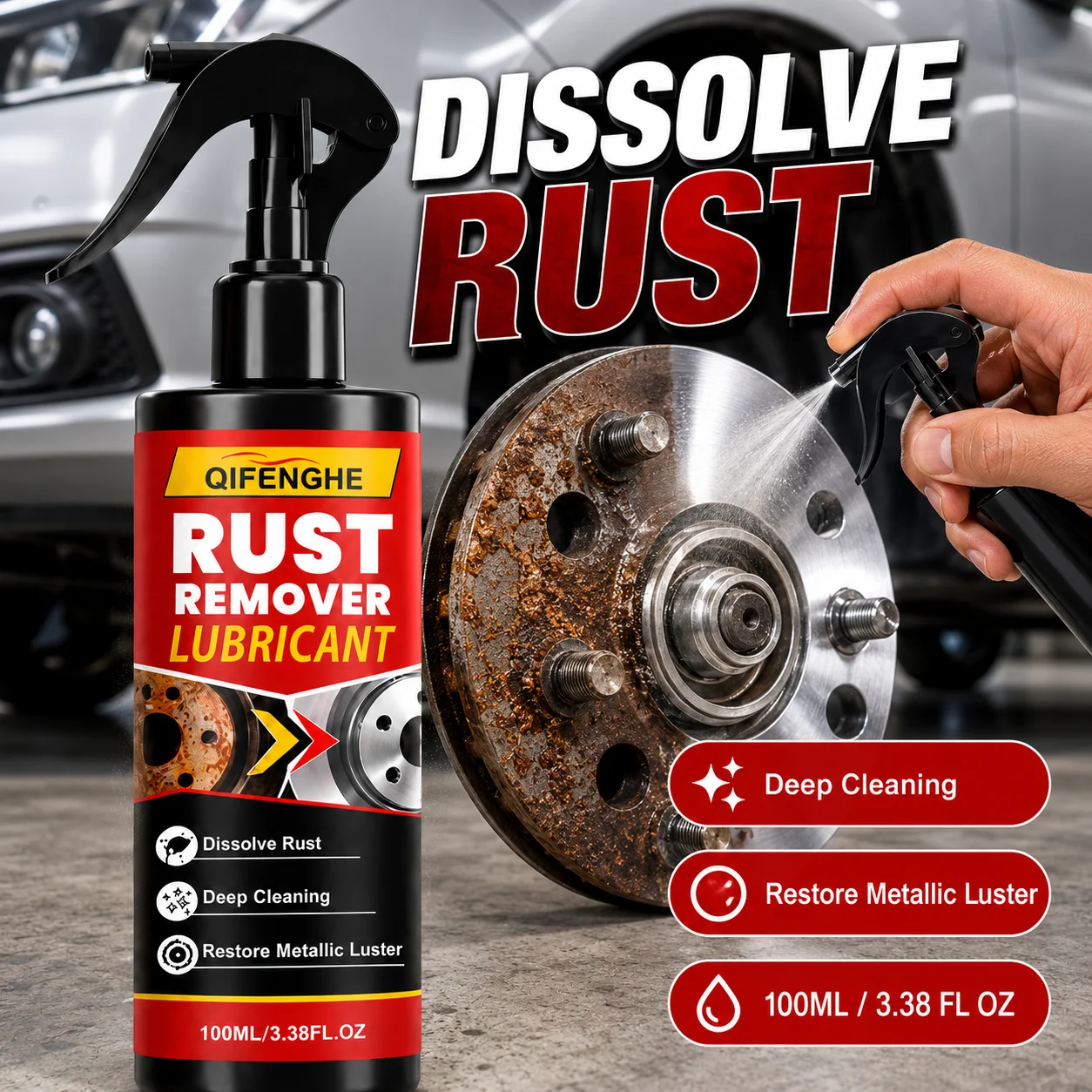 QIFENGHE Rust Remover Lubricant Spray 100ml, Metal Rust Dissolver for Car Brake Disc Bolt Hinge, Deep Cleaning, Restore Metallic