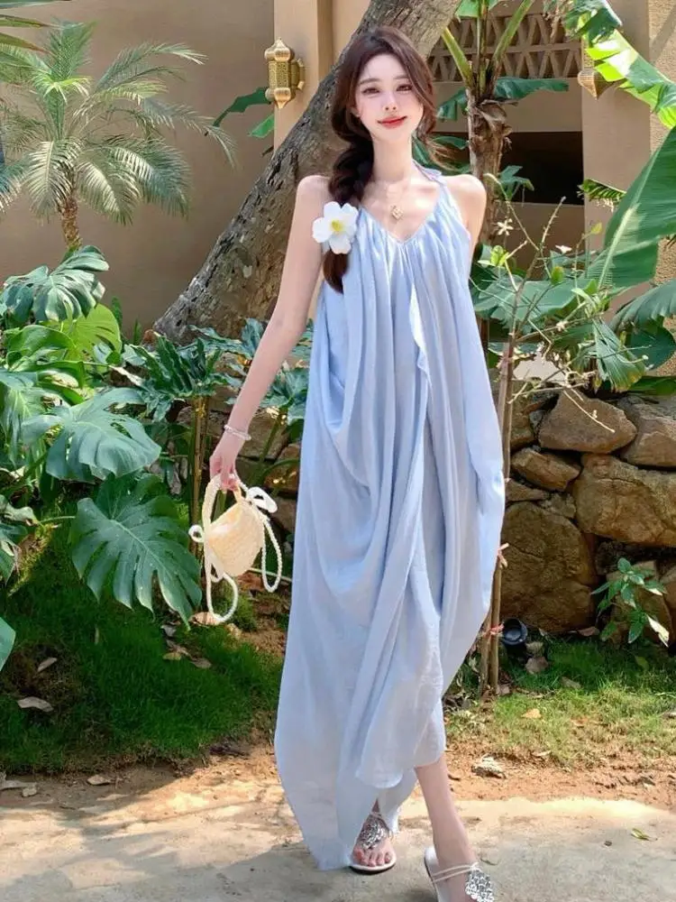 

Summer Blue V Neck Elegant Sleeveless Lace-up Slip Long Dress Women Sexy Club Backless Loose Irregular Pleated Dress Simplicity