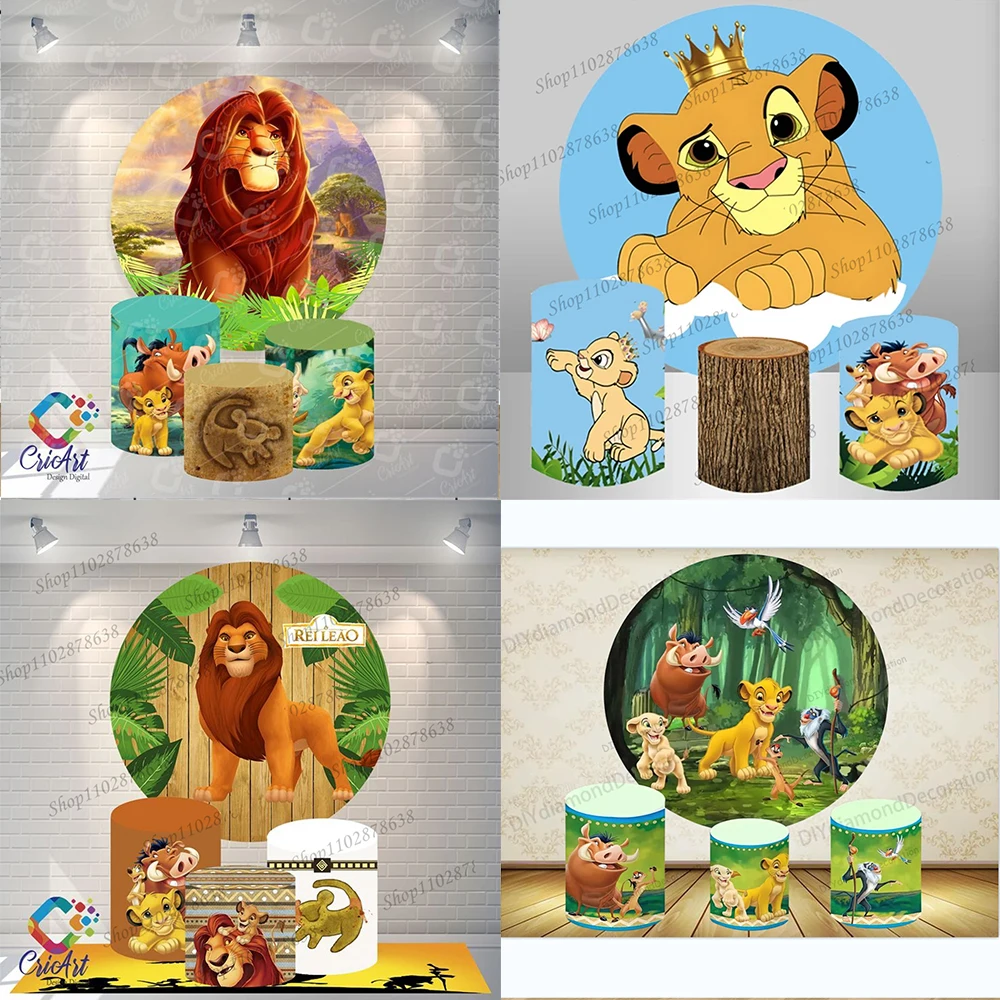 Fondo Fotográfico Cilíndrico de El Rey León con Timon, Rafiki, Pumbaa y Simba para Baby Shower y Cumpleaños
