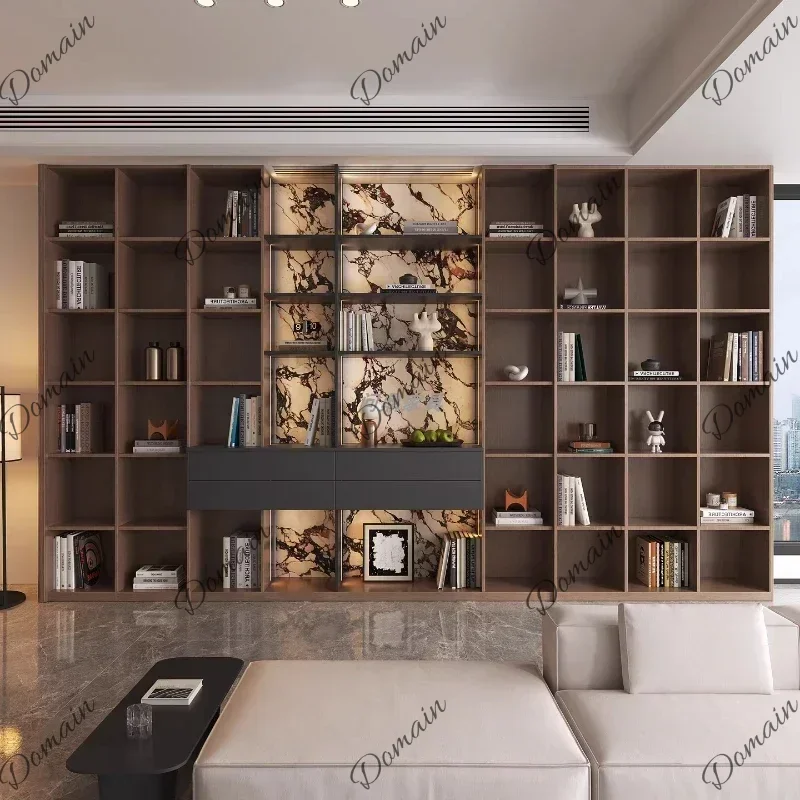 XX Solid Wood Arc Bookcase Office Home Wall Integrated Display Cabinet Sofa Background Wall Locker Modern Minimalist Light Luxur