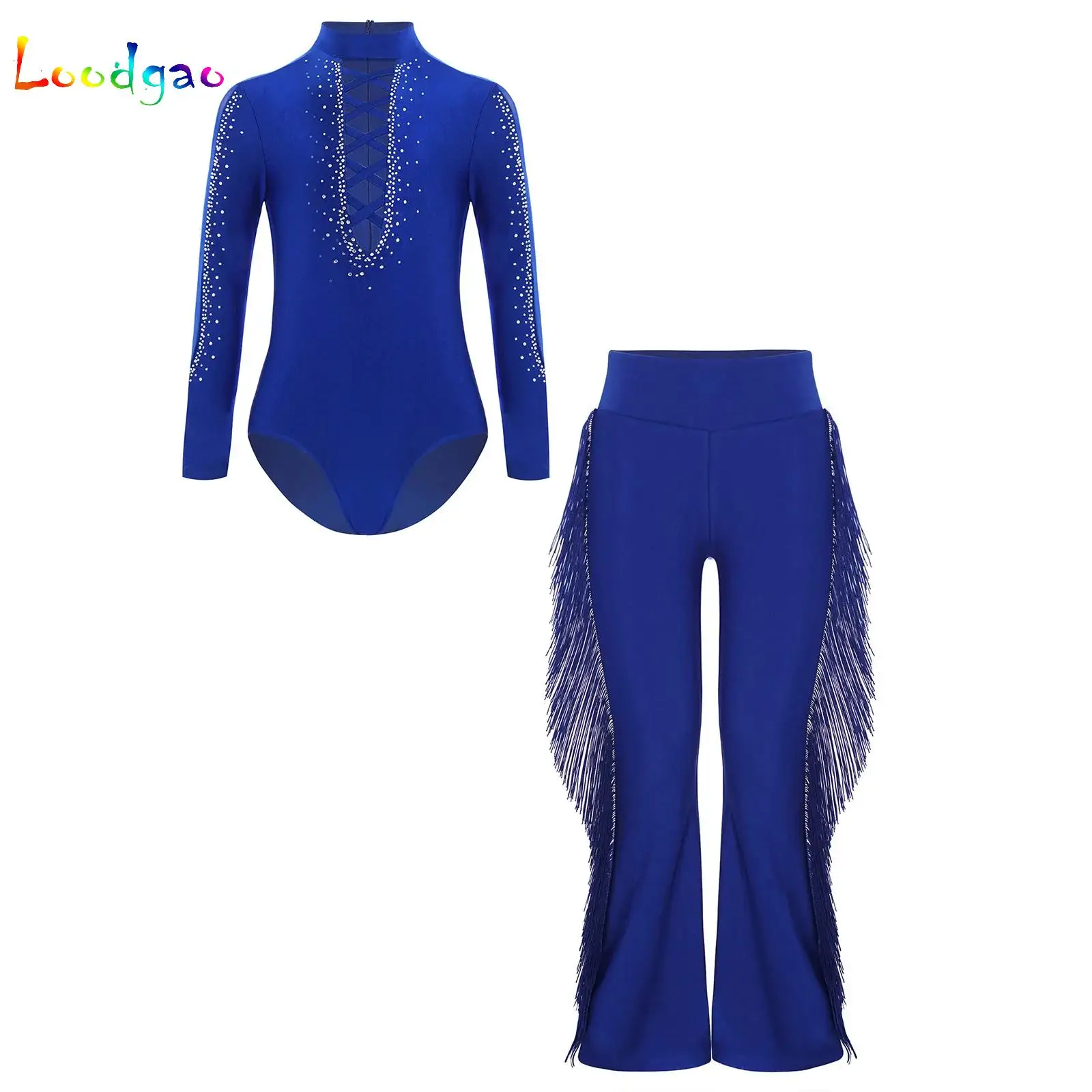 

Kids Boys Latin Ballroom Dance Performance Costume Mesh Rhinestones Figure Skating Jazz Leotard with Tassels Bell-Bottom Pants