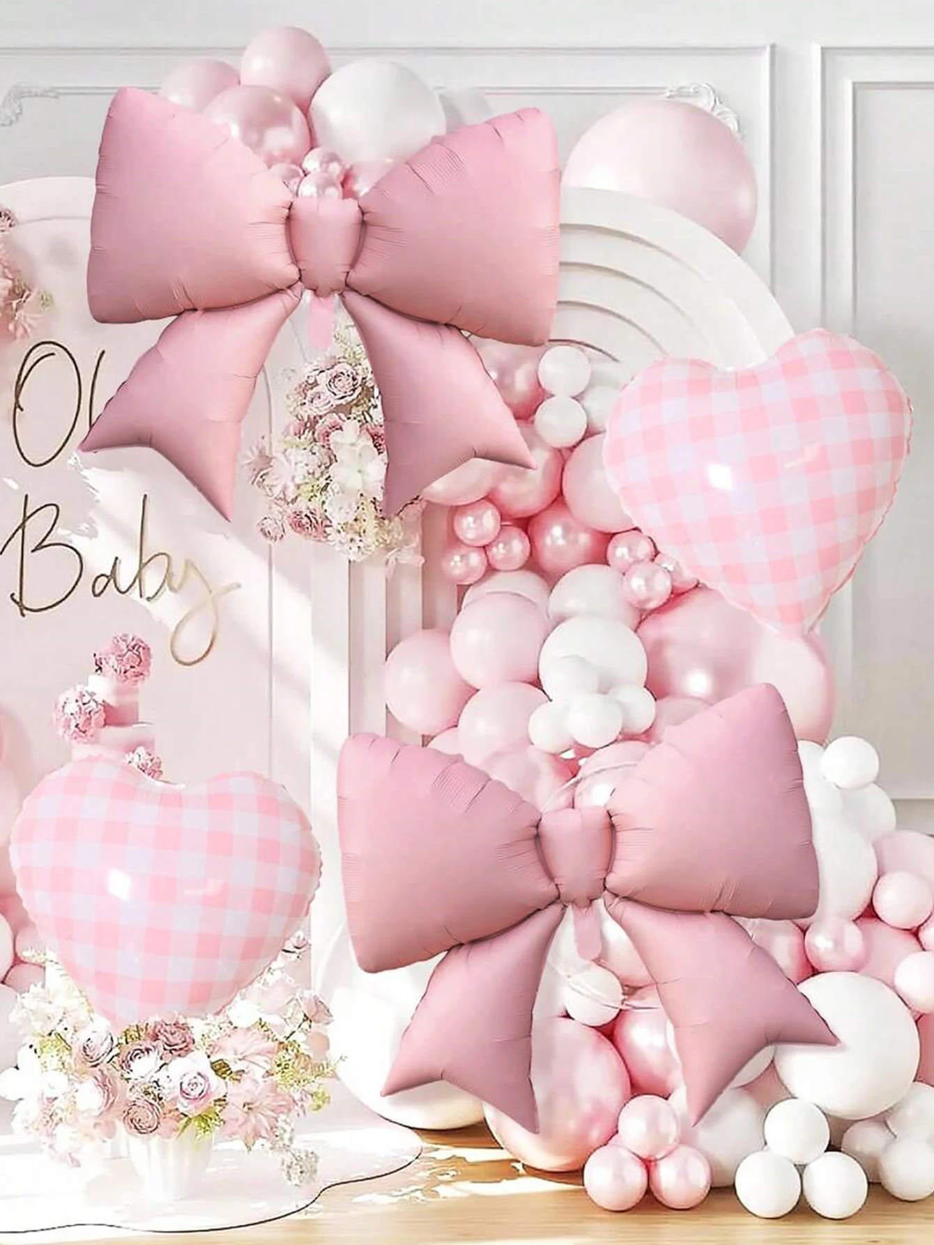 4-teiliges rosa/goldfarbenes Ballon-Set mit größerer Schleife und Gingham-Herz, Heliumfolienballons, für Geburtstagsdekoration, Brautparty, Hochzeit