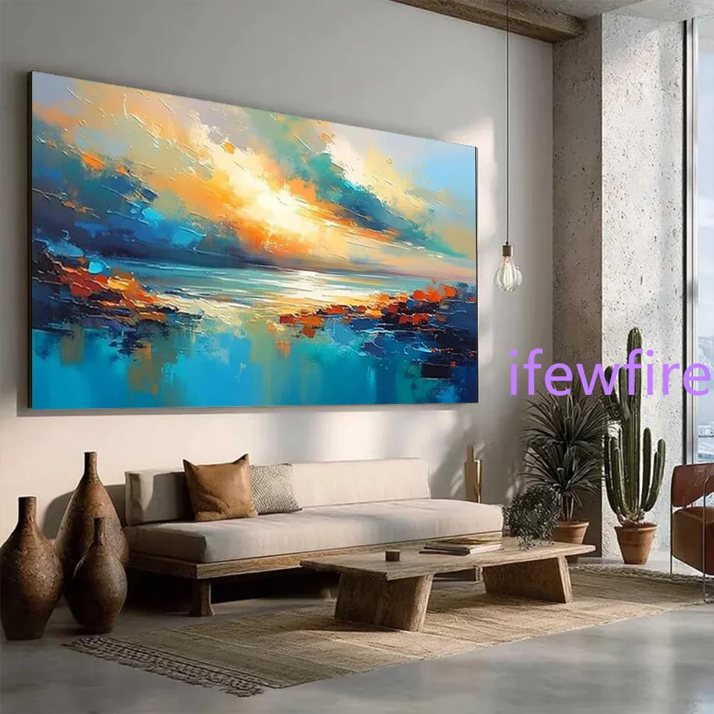 100% Handmade Abstract Oil Painting on Canvas Mural natural Brilliant blue aurora Wall Art Picture for Living Room Decor Image